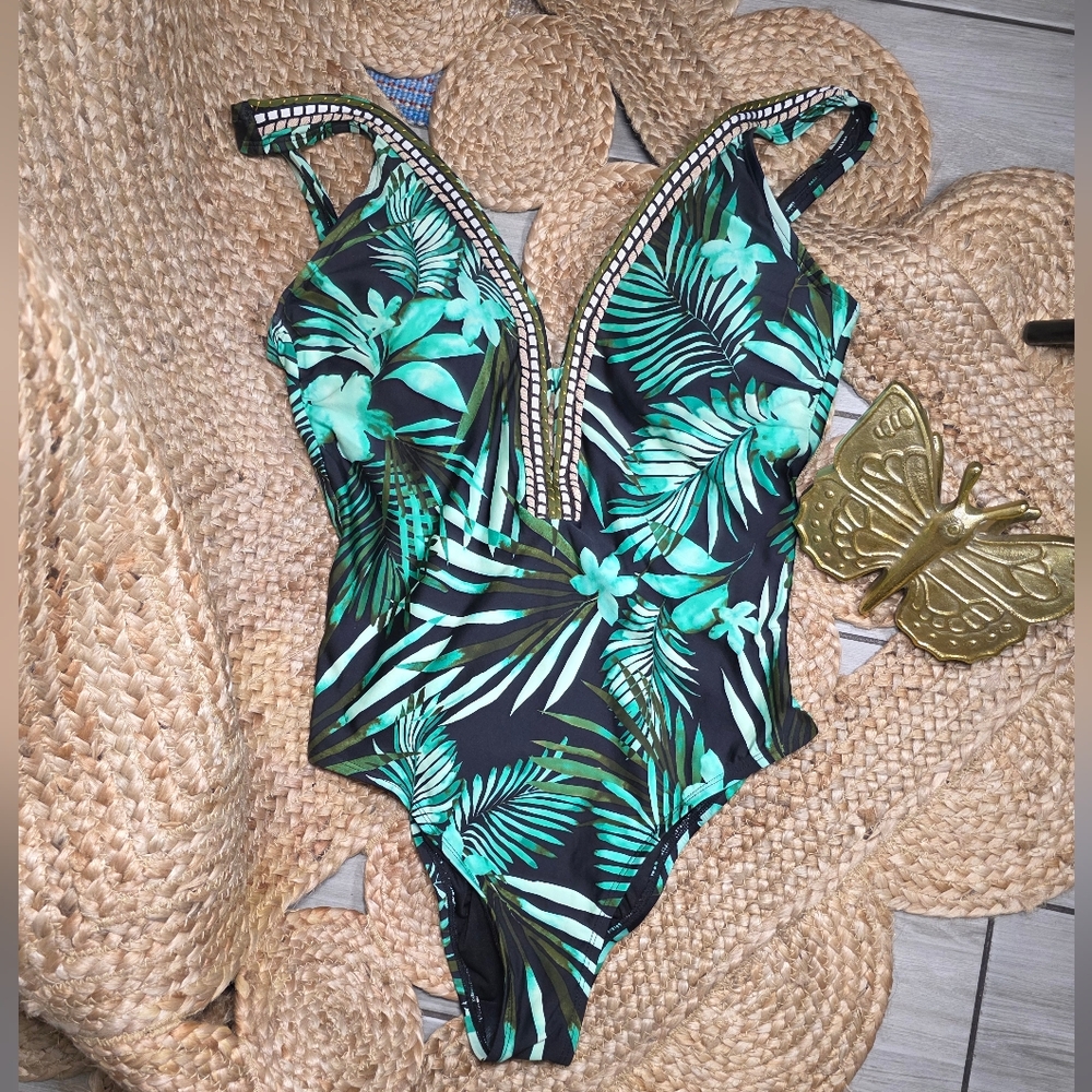 Vintage Jantzen High Cut Tropical Palm Print One Piece Swimsuit Resortwear